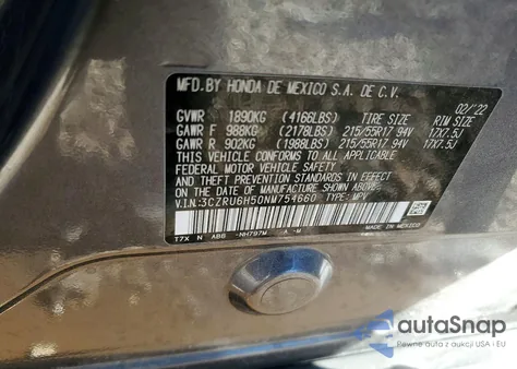 2022 Honda Hr-V Ex из США, поврежденный, VIN 3CZRU6H50NM754660